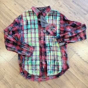 NWT  VALABASAS Red Green Plaid Flannel Shirt Distressed Button Up Men's‎ Sz L